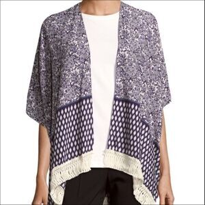 NEW Blue Floral Open Front Fringe Trim Shawl Wrap NEW